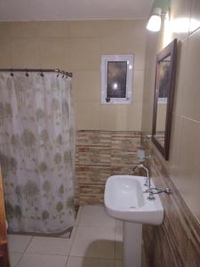 uma casa de banho com um lavatório e uma cortina de chuveiro em Casa de campo Los Cardenales em Rafaela