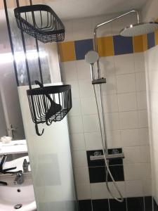 y baño con ducha y lavamanos. en Appartement Arreau, en Arreau