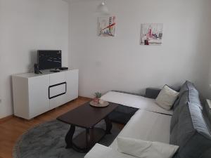 Apartment Mija-Meri في توزلا: غرفة معيشة مع أريكة وطاولة