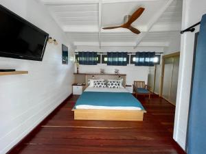 a bedroom with a bed and a flat screen tv at Le ti Kabanon Du Lagon in La Saline les Bains