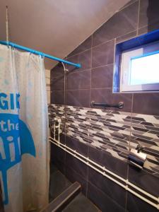 a bathroom with a shower with a shower curtain at Vila Jotic, Zavojsko jezero in Pirot