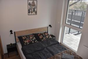 Bett in einem Zimmer mit einem großen Fenster in der Unterkunft Apartament Calisia in Kalisz