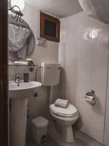 a small bathroom with a toilet and a sink at Villa Olga studios in Nea Skioni
