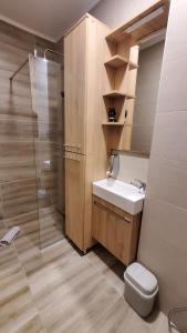 a bathroom with a shower and a sink and a toilet at Apartmani blue i green in Bugojno