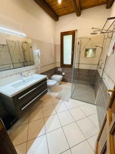 uma casa de banho com um lavatório, um chuveiro e um WC. em House Suestellas em Teulada