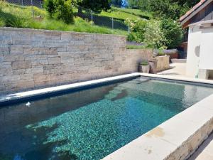 a swimming pool with a stone wall and blue water at Filipponi's Träumli in Rüthi