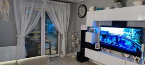 a living room with a tv and a couch at Wydmuchówka in Jurata