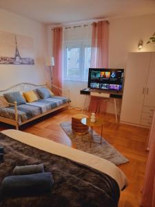 a living room with a couch and a flat screen tv at Skitnica House sobe in Koprivnica