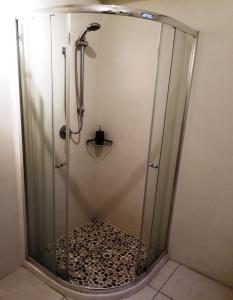 a shower with a glass door with a pebble floor at Cottage in Voëlklip between mountain and sea in Hermanus