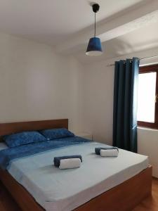 a bedroom with a large bed with blue sheets and a window at Villa Apartments STEFAN - Ramne Ohrid in Ohrid