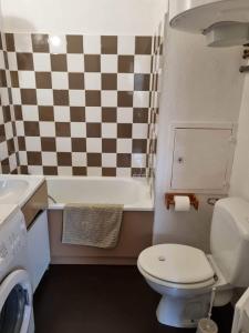 La salle de bains est pourvue de toilettes et d'un mur en damier. dans l'établissement Studio "Le Rigaou", à Gréoux-les-Bains