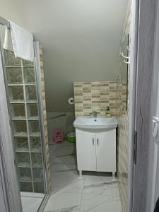 a bathroom with a white sink and a shower at Apartament Kristel Zator in Podolsze