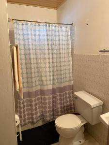 a bathroom with a toilet and a shower curtain at Fairmont in Negril