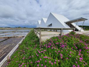 un edificio con un campo de flores delante de él en Barcos Casa Aveiro, en Aveiro