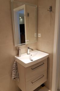 ein Badezimmer mit einem weißen Waschbecken und einem Spiegel in der Unterkunft Avantgarde in Euskirchen