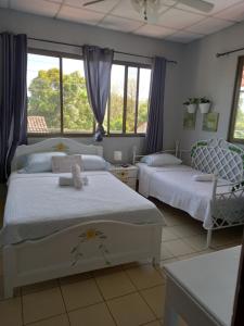 a bedroom with two beds and a window at Hostel Kimmell / Hostal Familiar La Casita De Los Kimmell in Las Tablas