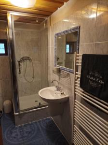 La salle de bains est pourvue d'un lavabo et d'une douche. dans l'établissement Chata Evka, à Ružomberok
