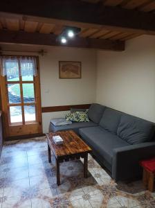 ein Wohnzimmer mit einem blauen Sofa und einem Couchtisch in der Unterkunft Chata Evka in Ružomberok