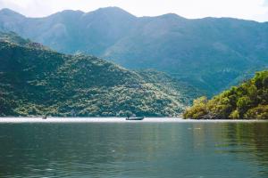 a boat in the middle of a lake with mountains at Apartmani Konoba Starčevo in Virpazar