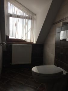 a bathroom with a toilet and a window at Vulkán Wellness Panzió in Pécs