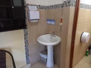 a bathroom with a sink and a toilet at Hostel Kimmell / Hostal Familiar La Casita De Los Kimmell in Las Tablas