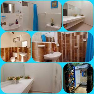 un collage de cuatro fotos de un baño en Casa Albatros (Playa-Esmeraldas) en Tonsupa