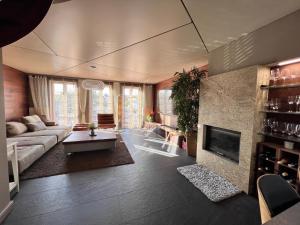 ein Wohnzimmer mit einem Sofa und einem Kamin in der Unterkunft Apartament Nadbrzeżna de luxe in Mielno