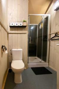 a small bathroom with a toilet and a shower at Glamping Safarilodge 'Grutte Fiif' met airco, extra keuken op veranda en privé achtertuin in Grou +50 photos