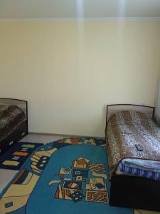 ein Schlafzimmer mit 2 Betten und einem Teppich auf dem Boden in der Unterkunft Гостевой дом Темирлан in Kegeti