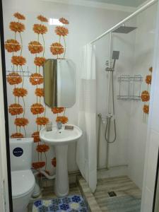 La salle de bains est pourvue de toilettes, d'un lavabo et d'une douche. dans l'établissement Гостевой дом Темирлан, à Kegeti