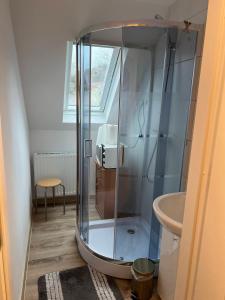 a glass shower in a bathroom with a sink at Noclegi u Emilii in Sopot