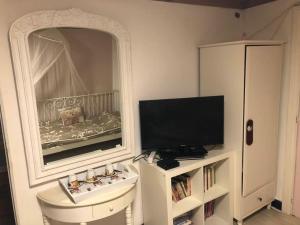 1 dormitorio con espejo, TV y cama en Les Lumerettes - Dohan, en Bouillon