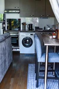 uma cozinha com uma máquina de lavar roupa e uma mesa com cadeiras em Patio Arena em Baiona
