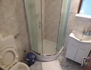 een badkamer met een douche, een toilet en een wastafel bij Apartments Nika in Podstrana