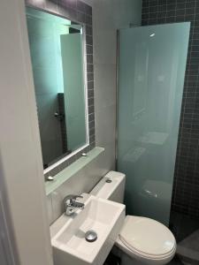 a bathroom with a toilet and a sink and a mirror at Angelos House Deluxe Apartments in Skiathos Town
