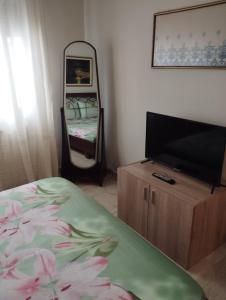 - un salon avec une télévision, un lit et un miroir dans l'établissement MARIOS HOUSE 1, à Xánthi