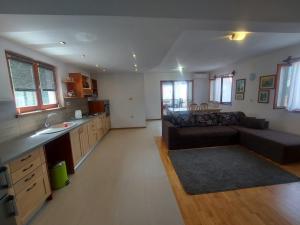 a large living room with a couch and a kitchen at Apartments Božena in Pakoštane