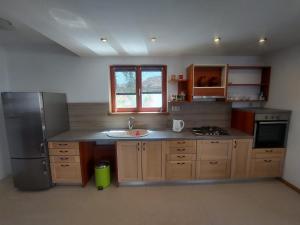 a kitchen with a stainless steel refrigerator and a sink at Apartments Božena in Pakoštane
