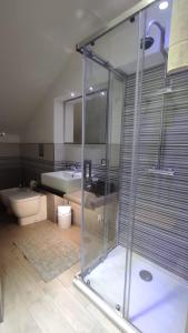 a bathroom with a shower and a toilet and a sink at Marina Apartments in Catanzaro Lido