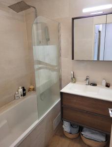 a bathroom with a shower and a sink and a tub at Appartement pour les 24 heures in Le Mans