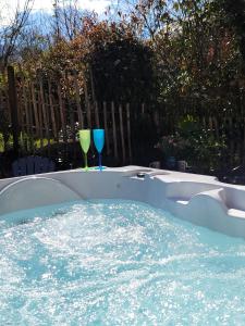 a hot tub with two glasses of water in it at Snuggle hot tub Dolgoy in Llwyn-Dafydd