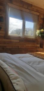 uma cama num quarto com uma janela em LILAC COTTAGE cabin em Swafield
