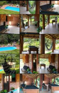 eine Collage mit Fotos von einem Pool und einer Bank in der Unterkunft Sitio meu Sonho in Itatiayassú