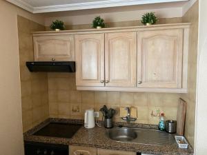 uma cozinha com armários de madeira e um lavatório em Vive Rie Ama Tenerife - 2 bedroom apartment em San Miguel de Abona