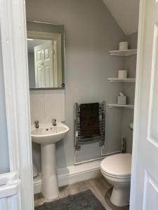 La salle de bains est pourvue d'un lavabo, de toilettes et d'un miroir. dans l'établissement The Terrace - Annexe with views, à Bathford