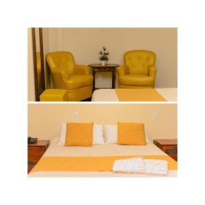 two pictures of a hotel room with a bed and two chairs at Hotel Ibiá in Montenegro