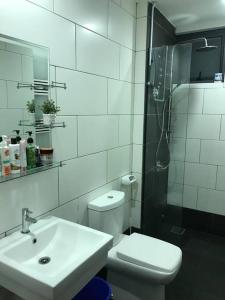 La salle de bains est pourvue d'un lavabo, de toilettes et d'une douche. dans l'établissement Selayang 18 Residences (100mbps Wifi & Netflix), à Batu Caves
