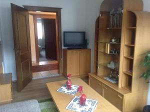 a living room with a table and a television at Ferienwohnung Blumen Penz in Zell am Ziller