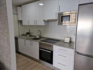 een keuken met witte kasten, een wastafel en een magnetron bij La Teresita in Torrox Costa