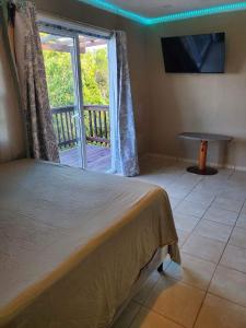 a bedroom with a bed and a view of a balcony at StarFish Apartment in Six Huts
